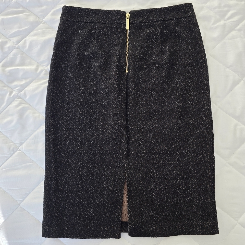 MICHAEL KORS Jacquard Tortoiseshell Pencil Skirt Dark Camel Black Cotton Blend S